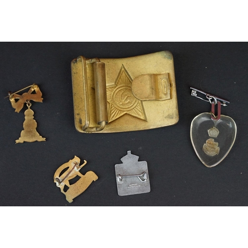 32 - A Small Group Of Military Collectables To Include A Brass Russian Military Belt Buckle, A Lucite Hea... 