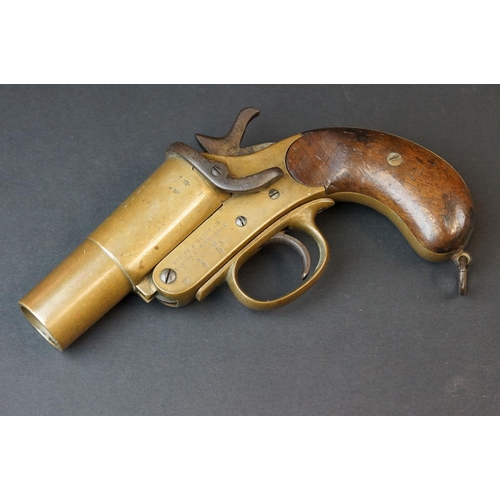 66 - A World War One British Webley & Scott Flare Gun, Dated ?15, Brass Body, Cast Iron Spring Lock, Wood... 