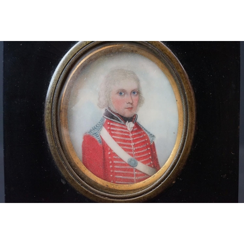 127 - An Antique Framed And Glazed Miniature Portrait Of A Georgian British Soldier In Red Tunic.