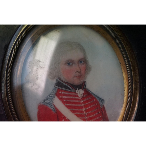 127 - An Antique Framed And Glazed Miniature Portrait Of A Georgian British Soldier In Red Tunic.