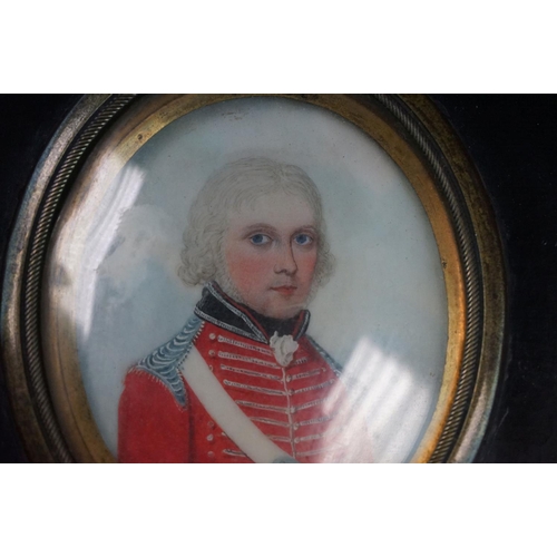 127 - An Antique Framed And Glazed Miniature Portrait Of A Georgian British Soldier In Red Tunic.