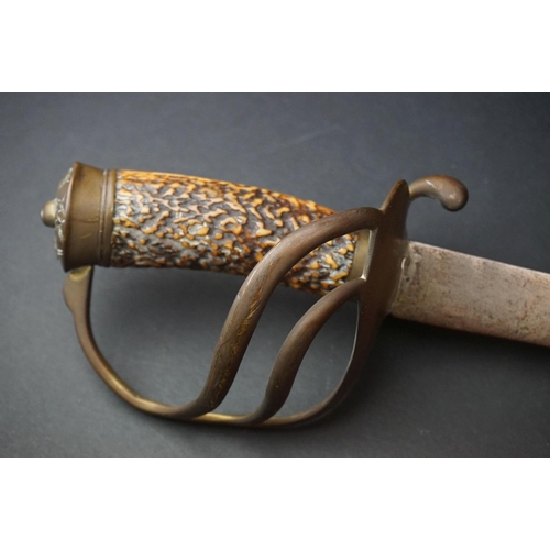 180 - An Antique 18th / 19th Century Short Sword With Antler Grip And Brass Basket.