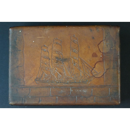 98 - A 19th Century Prisoner Of War Made Leather Bound Box With Tall Ship Decoration To The Lid.