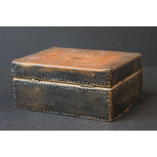 98 - A 19th Century Prisoner Of War Made Leather Bound Box With Tall Ship Decoration To The Lid.