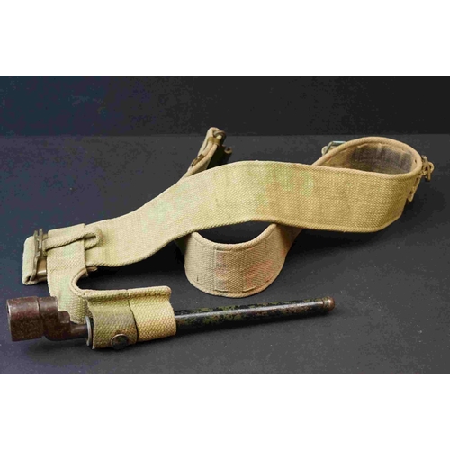 201 - A British World War Two Webbing Belt With A No.4 MK.II Lee Enfield Spike Bayonet With Frog And Scabb... 