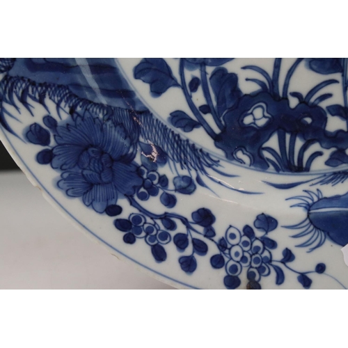 21 - Chinese Blue and White Plate painted with flowers, square mark to base, 28cms diameter