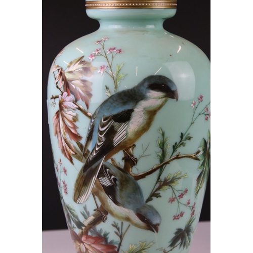 23 - Victorian Pale Green Opaque Glass Lidded Urn with hand painted enamelled decoration of two birds sat... 