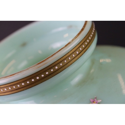 23 - Victorian Pale Green Opaque Glass Lidded Urn with hand painted enamelled decoration of two birds sat... 