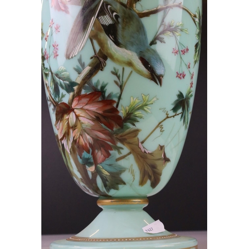 23 - Victorian Pale Green Opaque Glass Lidded Urn with hand painted enamelled decoration of two birds sat... 