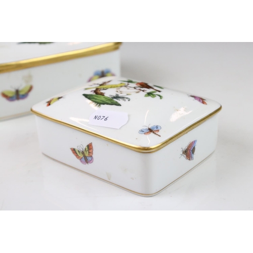 55 - Two Herend Porcelain Lidded Trinket Boxes, handpainted with Birds and Butterflies, 14cms long
