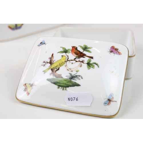 55 - Two Herend Porcelain Lidded Trinket Boxes, handpainted with Birds and Butterflies, 14cms long