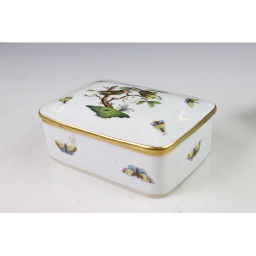 55 - Two Herend Porcelain Lidded Trinket Boxes, handpainted with Birds and Butterflies, 14cms long