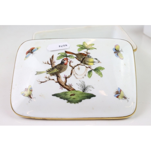 55 - Two Herend Porcelain Lidded Trinket Boxes, handpainted with Birds and Butterflies, 14cms long