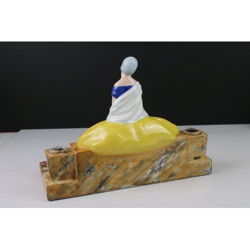 65 - French Etling Editions ' Ernest Gazan ' double inkwell in the form a lady sat on a wall, full marks ... 