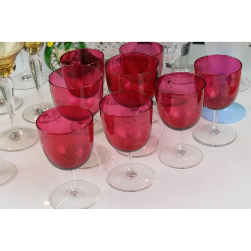 78 - Mixed Lot of Glass including 8 Cranberry Drinking Glasses, Pair of Etched Glass Goblets, Set of 6 Am... 