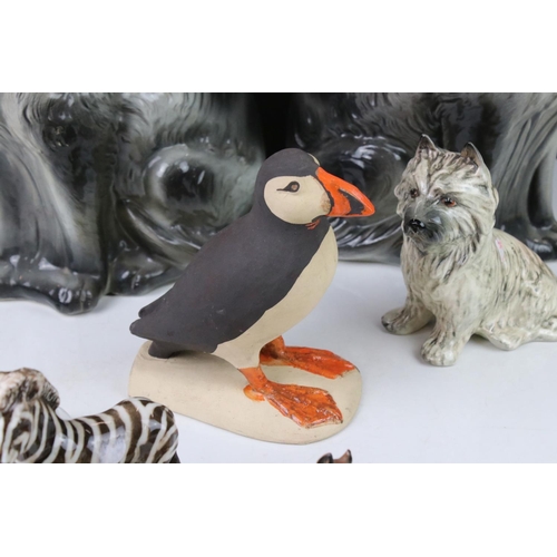 86 - Collection of Ceramic Animals including Pair of Scottish Foreside Cats with glass eyes, 31cms high, ... 
