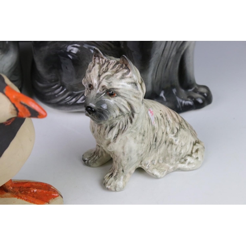 86 - Collection of Ceramic Animals including Pair of Scottish Foreside Cats with glass eyes, 31cms high, ... 