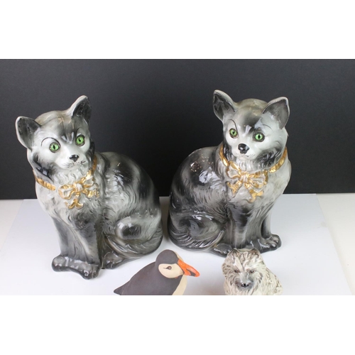 86 - Collection of Ceramic Animals including Pair of Scottish Foreside Cats with glass eyes, 31cms high, ... 