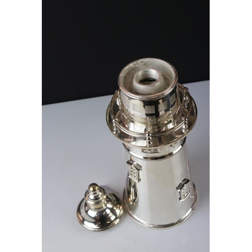 109 - Substantial silver plated cocktail shaker in the form of a lighthouse
