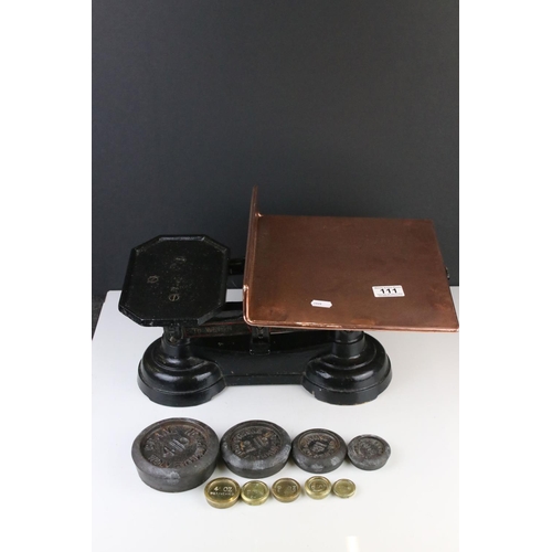 111 - Set of Late 19th century Cast Iron and Copper Weighing Scales together with a set of Crane of Wolver... 