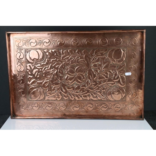 112 - Keswick School of Industrial Art, Large Copper Relief Tray with leaf and fruit decoration, stamped K... 