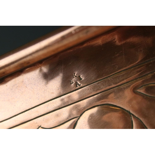 112 - Keswick School of Industrial Art, Large Copper Relief Tray with leaf and fruit decoration, stamped K... 