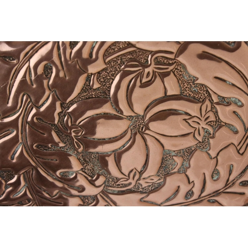 112 - Keswick School of Industrial Art, Large Copper Relief Tray with leaf and fruit decoration, stamped K... 