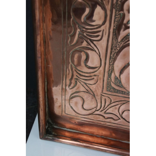 112 - Keswick School of Industrial Art, Large Copper Relief Tray with leaf and fruit decoration, stamped K... 