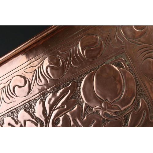 112 - Keswick School of Industrial Art, Large Copper Relief Tray with leaf and fruit decoration, stamped K... 