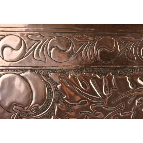 112 - Keswick School of Industrial Art, Large Copper Relief Tray with leaf and fruit decoration, stamped K... 