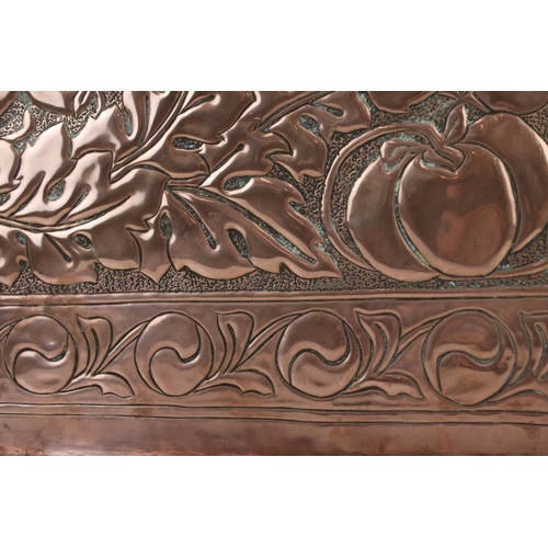 112 - Keswick School of Industrial Art, Large Copper Relief Tray with leaf and fruit decoration, stamped K... 