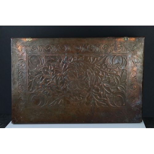 112 - Keswick School of Industrial Art, Large Copper Relief Tray with leaf and fruit decoration, stamped K... 