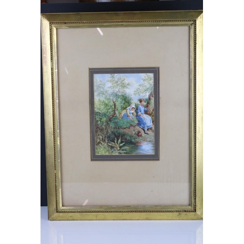 114 - 19th century watercolour, country girls seated by a woodland stream, signed with monogram ' BF '