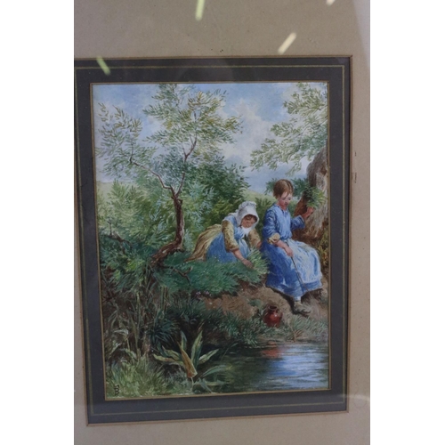 114 - 19th century watercolour, country girls seated by a woodland stream, signed with monogram ' BF '