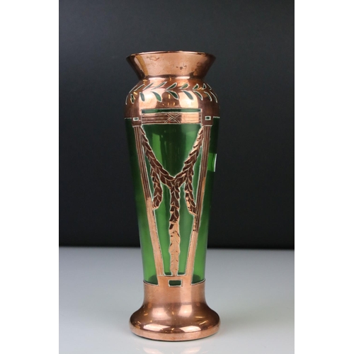 65 - Late 19th / Early 20th century Austrian style Secessionist Green Glass Vase with Copper overlay, 19c... 
