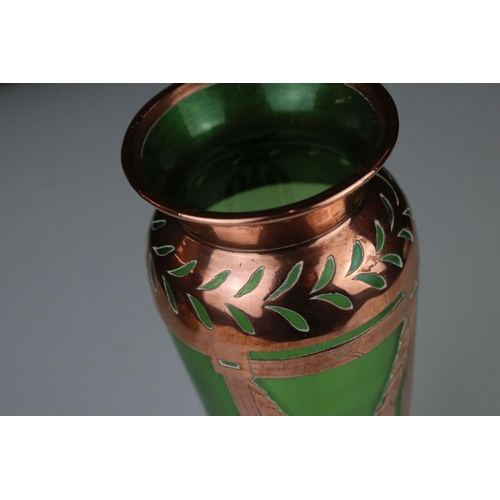 65 - Late 19th / Early 20th century Austrian style Secessionist Green Glass Vase with Copper overlay, 19c... 