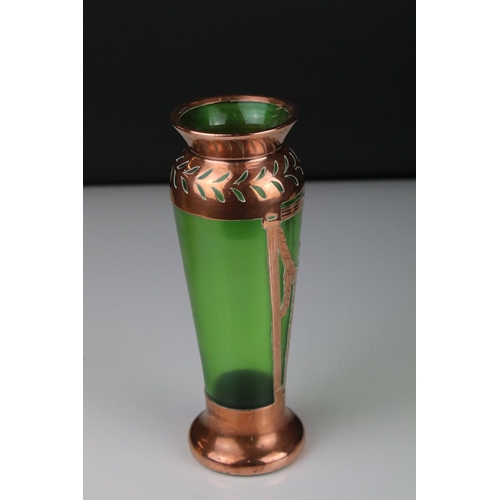 65 - Late 19th / Early 20th century Austrian style Secessionist Green Glass Vase with Copper overlay, 19c... 