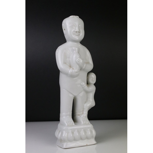 68 - Blanc de Chine Figure of a Chinese Man holding a Vase with Child, 32cm high