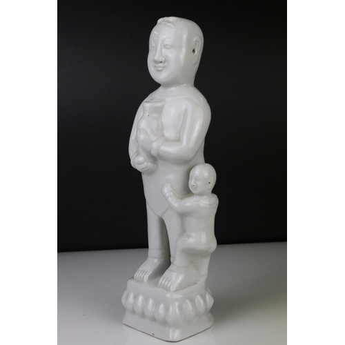 68 - Blanc de Chine Figure of a Chinese Man holding a Vase with Child, 32cm high