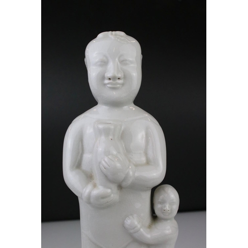 68 - Blanc de Chine Figure of a Chinese Man holding a Vase with Child, 32cm high