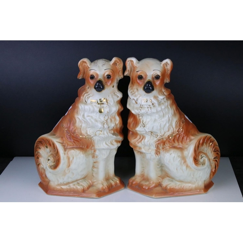 69 - Pair of Staffordshire Mantle Dogs, possibly Collies, with glass eyes, one marked BBR ? to base, 33cm... 