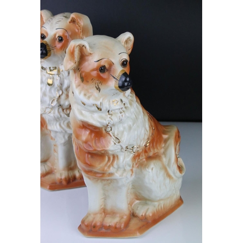 69 - Pair of Staffordshire Mantle Dogs, possibly Collies, with glass eyes, one marked BBR ? to base, 33cm... 