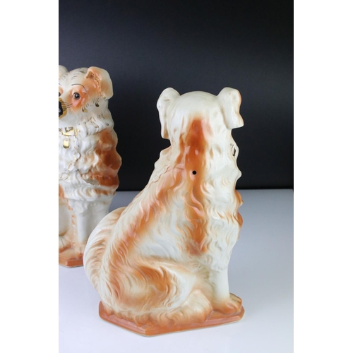 69 - Pair of Staffordshire Mantle Dogs, possibly Collies, with glass eyes, one marked BBR ? to base, 33cm... 