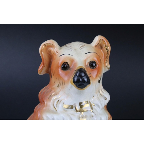 69 - Pair of Staffordshire Mantle Dogs, possibly Collies, with glass eyes, one marked BBR ? to base, 33cm... 