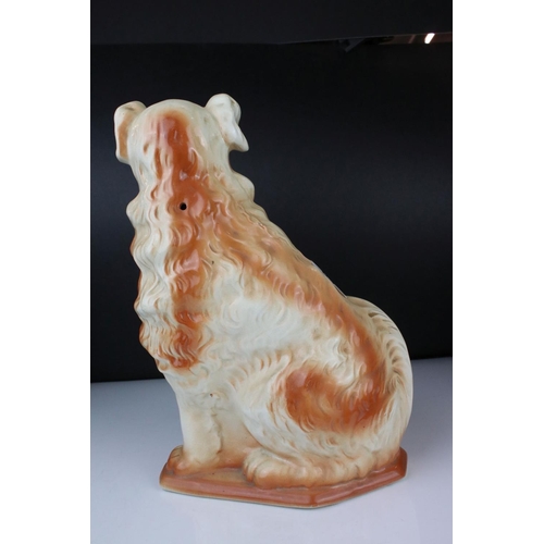 69 - Pair of Staffordshire Mantle Dogs, possibly Collies, with glass eyes, one marked BBR ? to base, 33cm... 