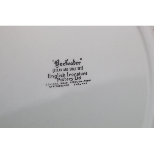 70 - Four Mid century Retro English Ironstone Pottery ' Beefeater ' Steak and Grill Plates, each showing ... 