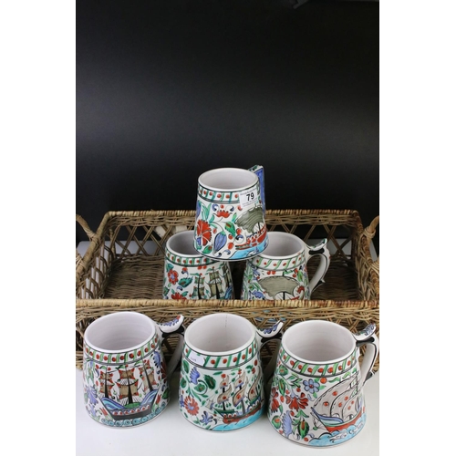 79 - Set of Six Greek Ikaros Pottery Hand Painted Mugs, 12cm high