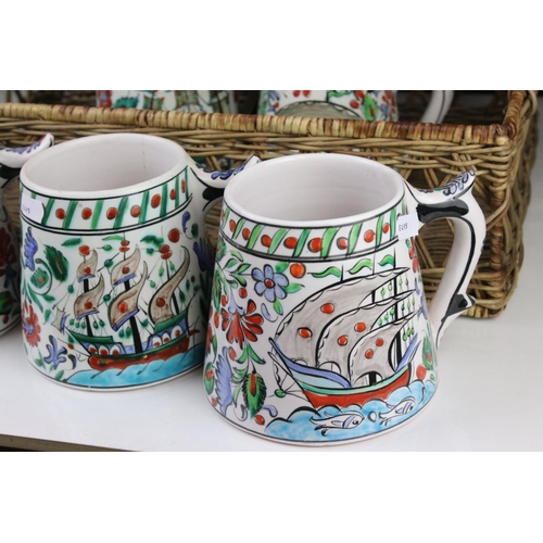 79 - Set of Six Greek Ikaros Pottery Hand Painted Mugs, 12cm high
