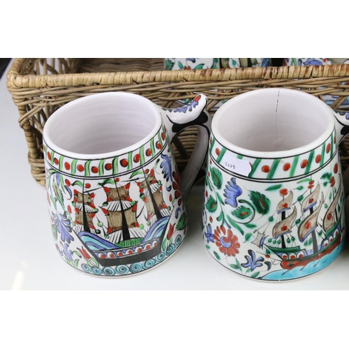 79 - Set of Six Greek Ikaros Pottery Hand Painted Mugs, 12cm high
