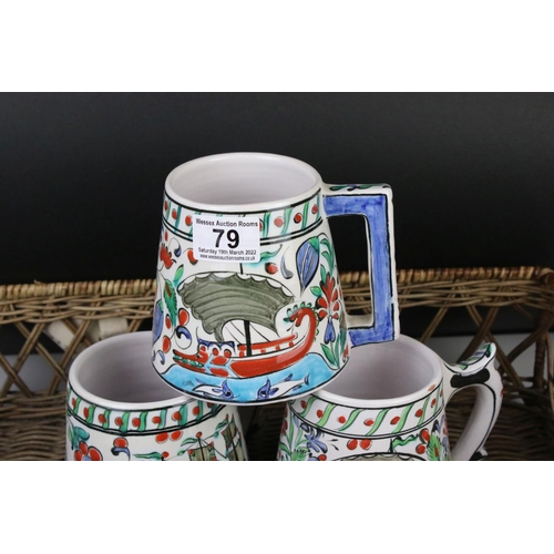 79 - Set of Six Greek Ikaros Pottery Hand Painted Mugs, 12cm high
